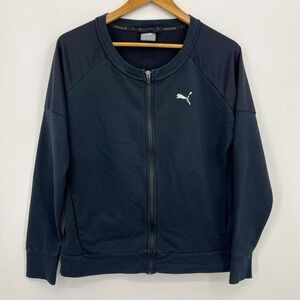 Puma Full Zip Sweatshirt Women's Size M Black Solid Logo Round Neck Cotton Blend